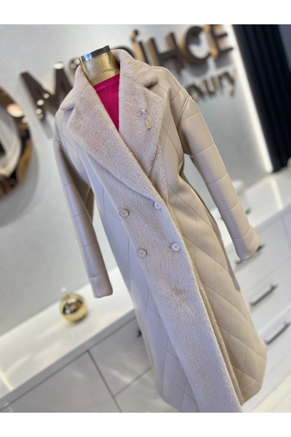 MATEKS-ANGORA DETAYLI DERİ KABAN BEJ