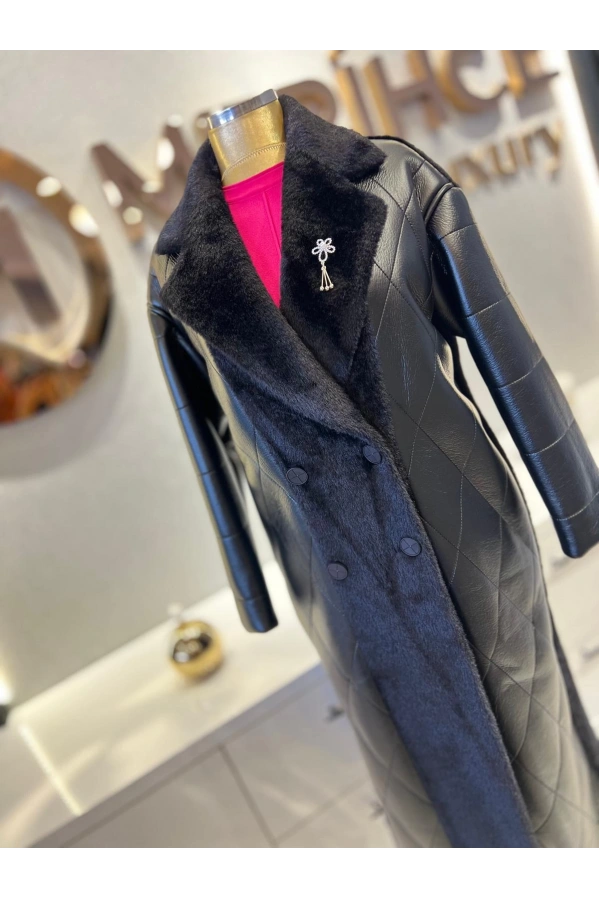 MATEKS-ANGORA DETAYLI DERİ KABAN SİYAH