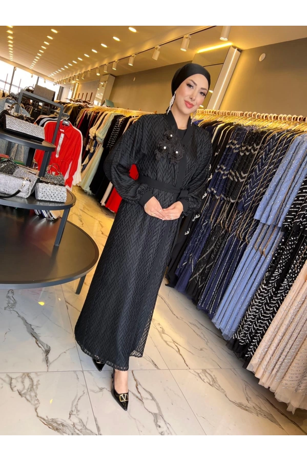 MATEKS-ÇİÇEĞİ GÜPÜRLÜ ABAYA SİYAH