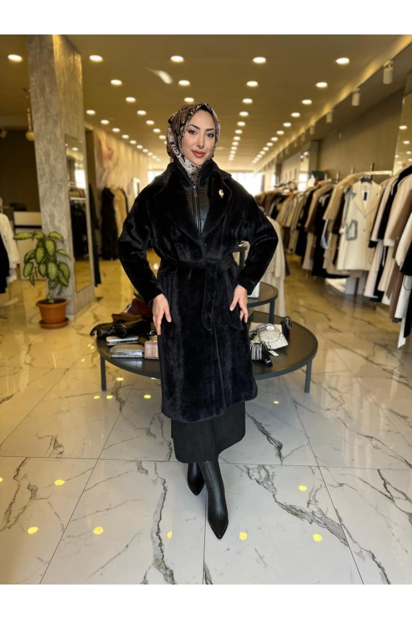 MATEKS-DERİ DETAYLI ANGORA KABAN SİYAH