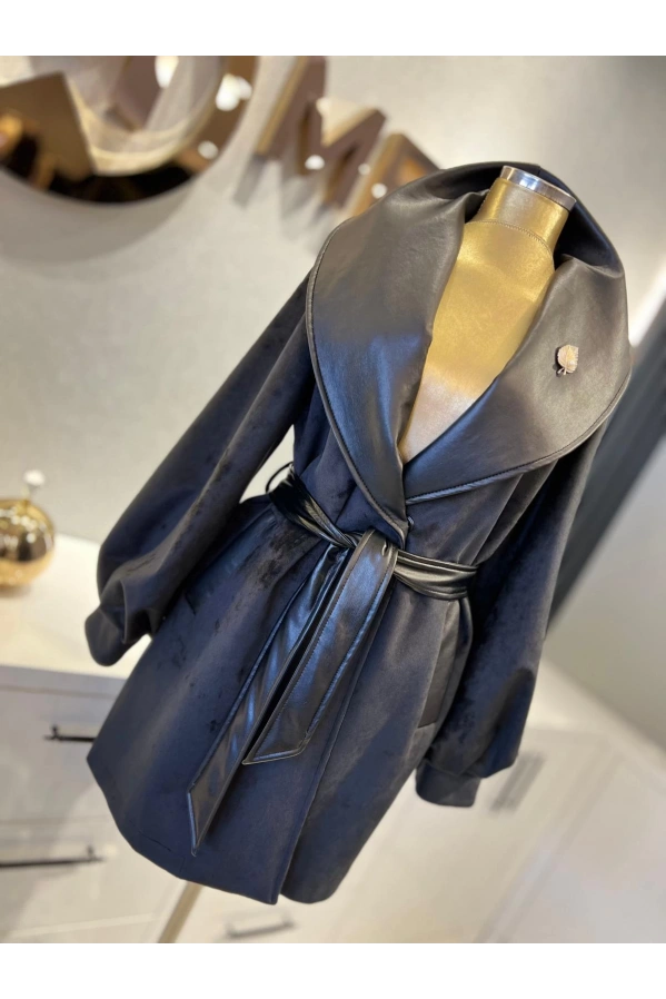 MATEKS-DERİ DETAYLI SÜET KABAN SİYAH