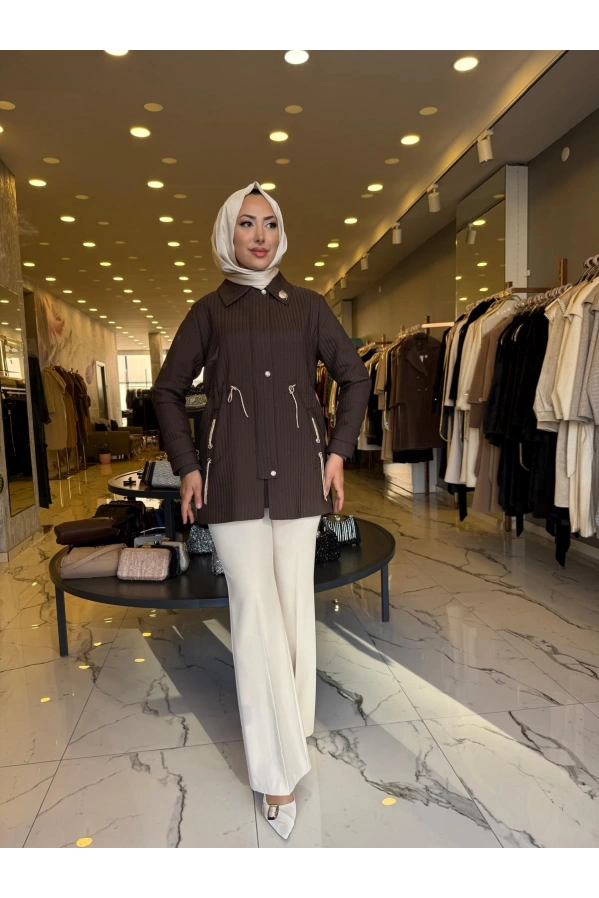 MATEKS-KENDİNDEN ÇİZGİLİ TRENÇ KAHVE