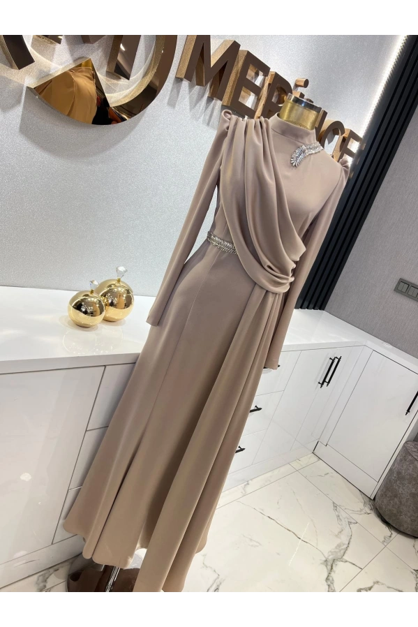 MATEKS-KREP SATEN BALIK ELBİSE VİZON