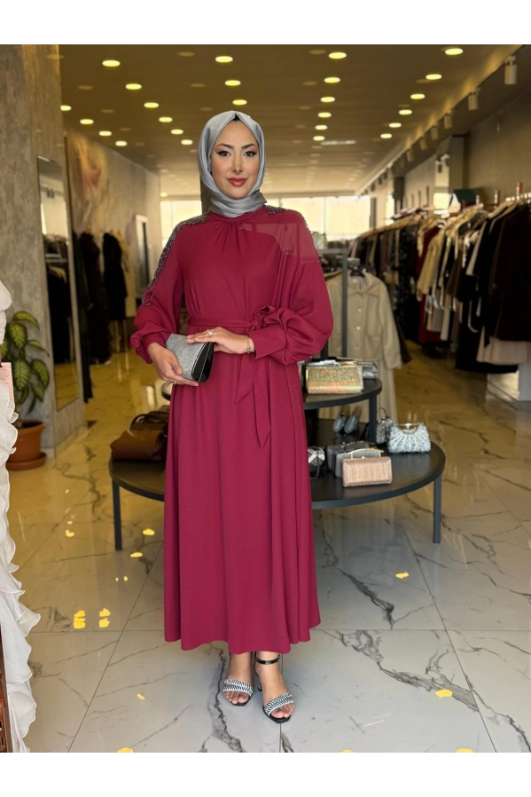 MATEKS-OMUZLARI BONCUKLU ELBİSE BORDO