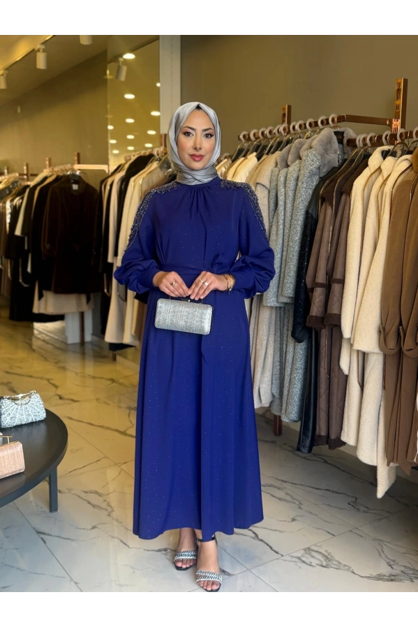 MATEKS-OMUZLARI BONCUKLU ELBİSE MOR