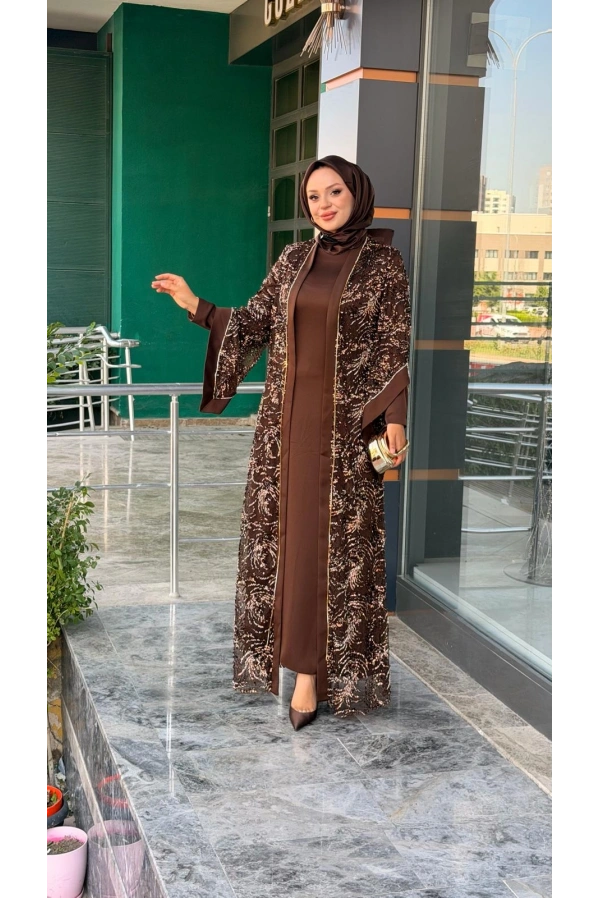 MATEKS-PUL DETAY ABAYA ELBİSE KAHVE