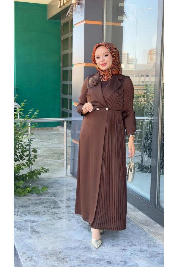 MATEKS-YANI PLİSELİ ELBİSE KAHVE