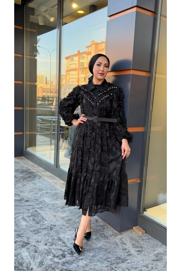 MERİHCE-İTHAL YAKASI TAŞLI ELBİSE SİYAH