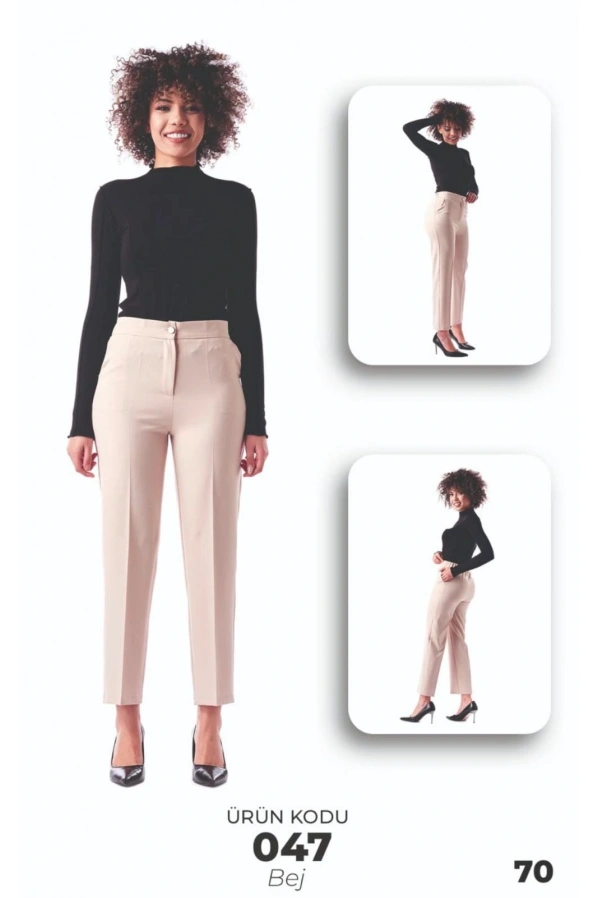 MODİVA-BELİ LASTİKLİ KALEM PANTOLON BEJ