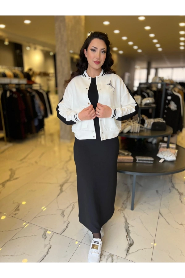 MY312-BASKI RİBANALI ELBİSE TAKIM SİYAH