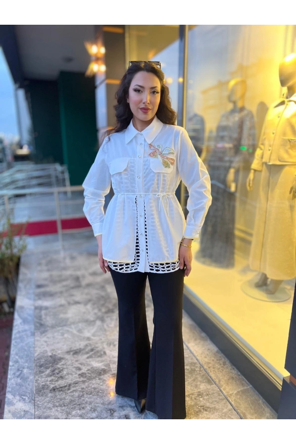 MY312-CEBİ TAŞLI FİLELİ GÖMLEK BEYAZ