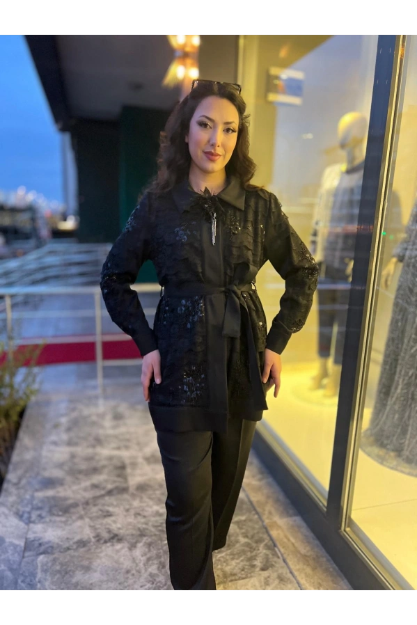 MY312-DANTELLİ BROŞLU TAKIM SİYAH