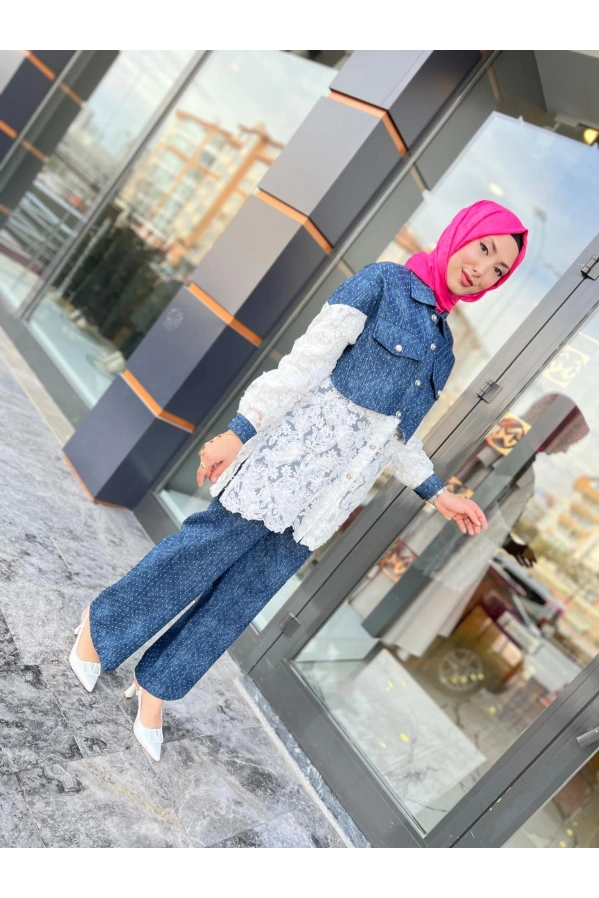 MY312-DANTELLİ KOT CEKET MAVİ