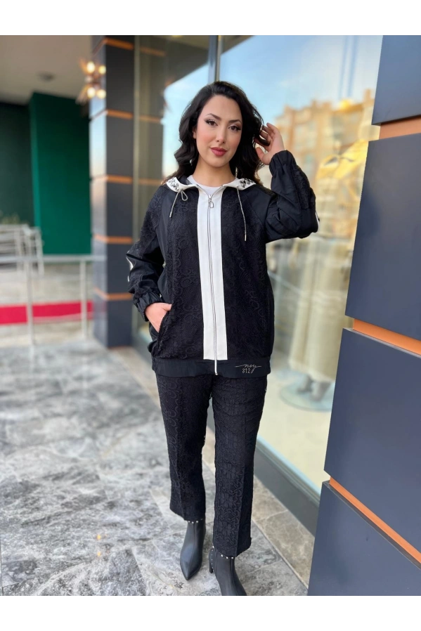 MY312-KAPŞONU TAŞLI DANTELLİ TAKIM SİYAH