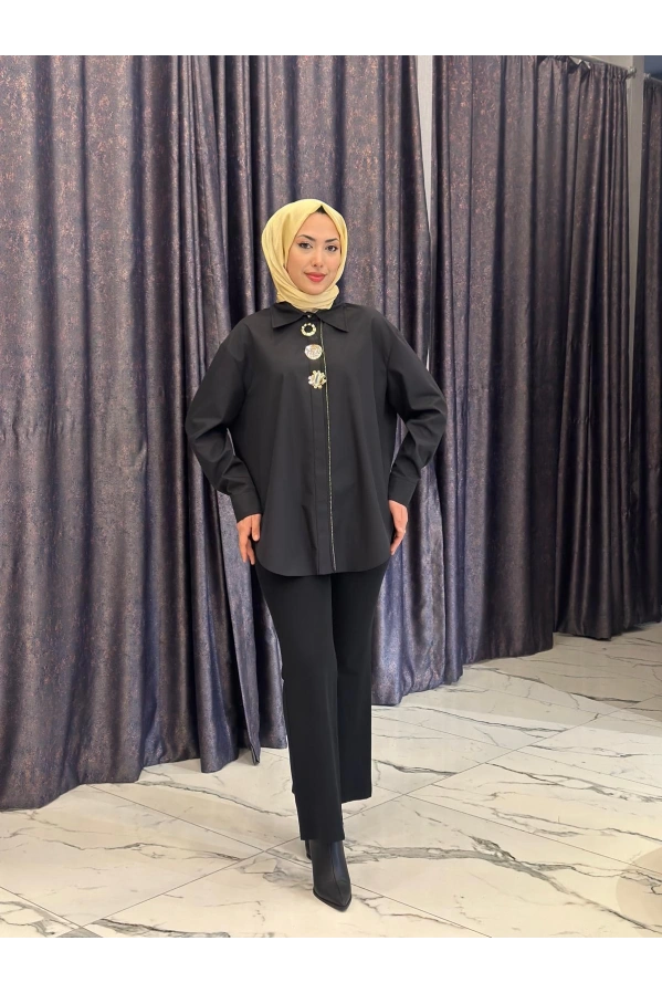 MY312-ÖN AKSESUARLI GÖMLEK SİYAH
