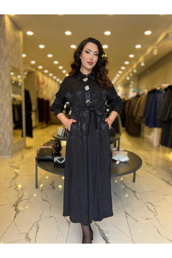 MY312-ÖNÜ AKSESUARLI ELBİSE SİYAH