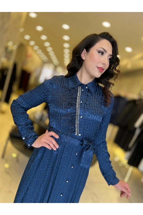 MY312-ÖNÜ TAŞLI JAKAR ELBİSE LACİVERT