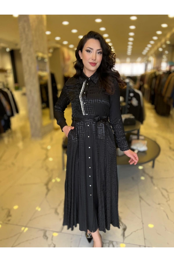 MY312-ÖNÜ TAŞLI JAKAR ELBİSE SİYAH