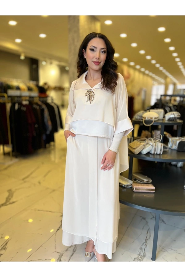 MY312-ÖNÜ TAŞLI ŞİFONLU TAKIM BEJ