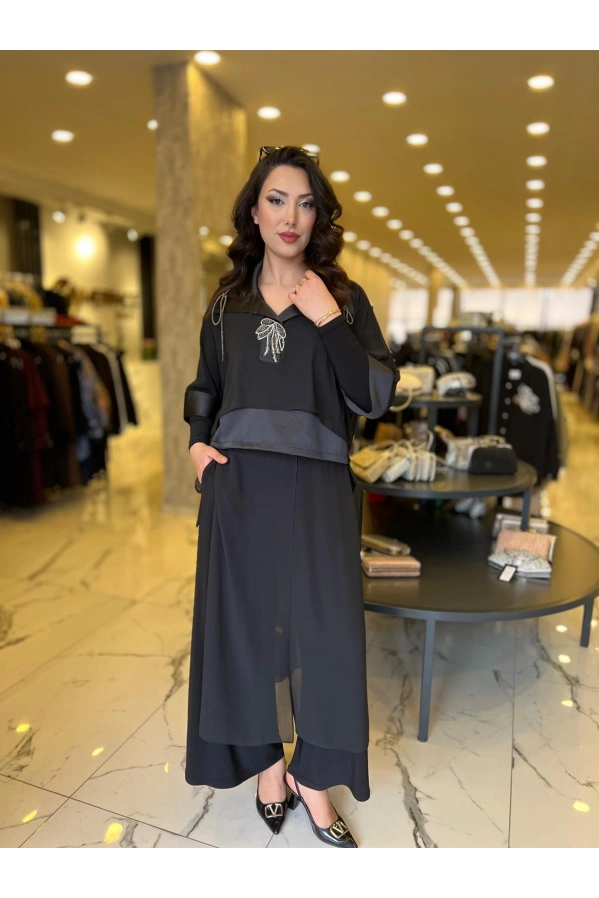 MY312-ÖNÜ TAŞLI ŞİFONLU TAKIM SİYAH