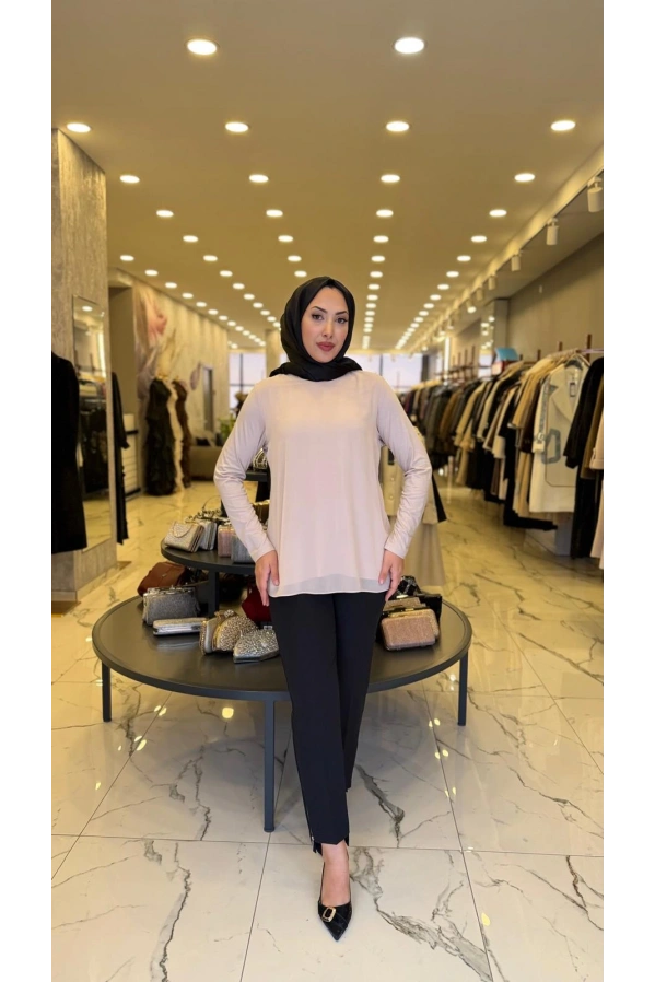 MY312-ŞİFONLU KOLLU BLUZ VİZON