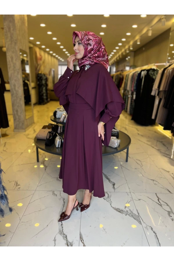 MY312-YAKASI TAŞLI PELERİNLİ TAKIM BORDO