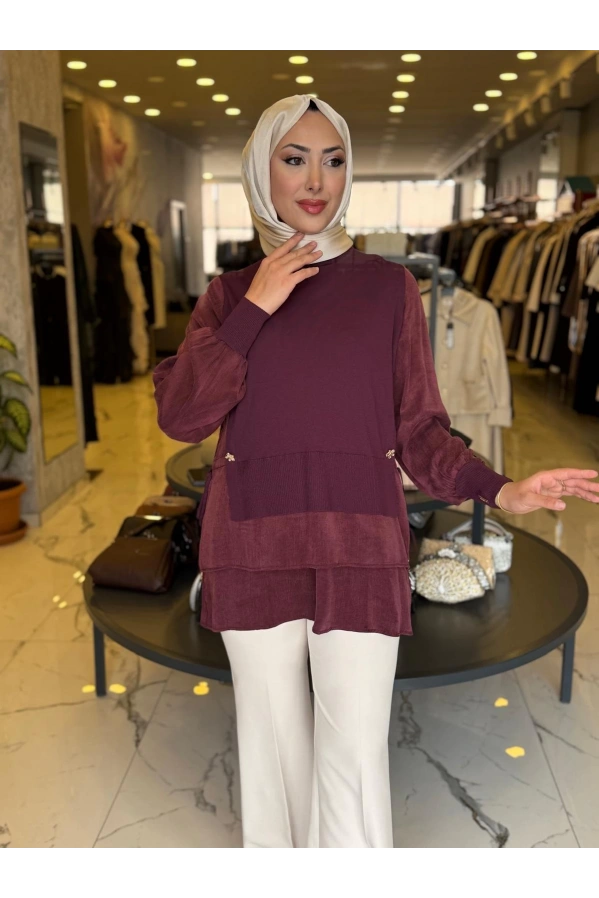 NİLİWİ-ETEĞİ ÇİFT KATLI KUPRA TUNİK BORDO