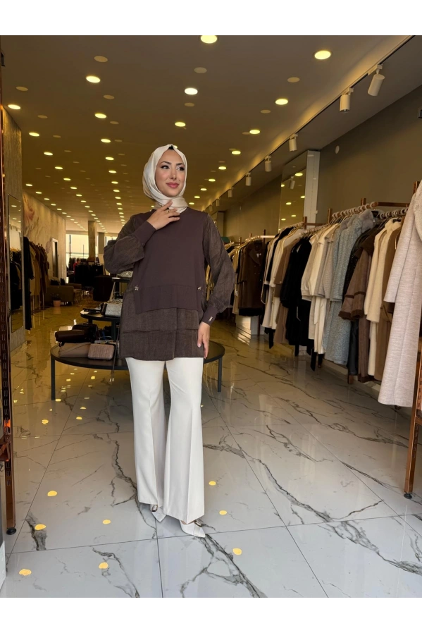 NİLİWİ-ETEĞİ ÇİFT KATLI KUPRA TUNİK KAHVE