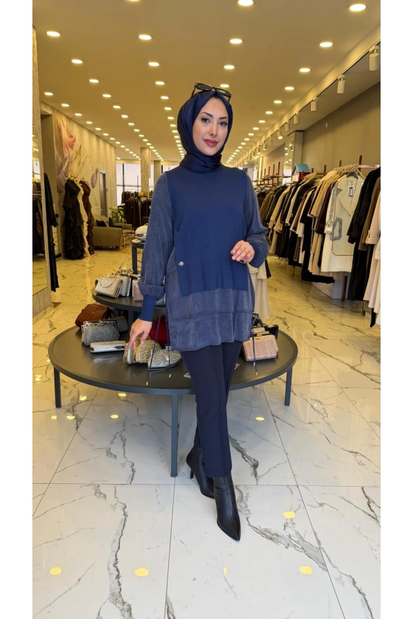 NİLİWİ-ETEĞİ ÇİFT KATLI KUPRA TUNİK LACİVERT