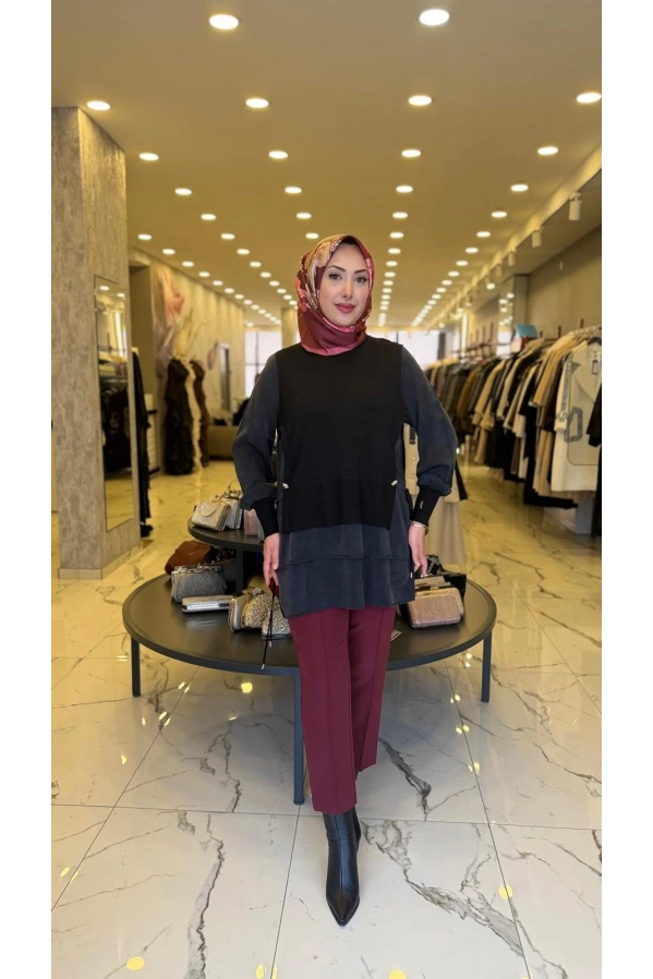 NİLİWİ-ETEĞİ ÇİFT KATLI KUPRA TUNİK SİYAH