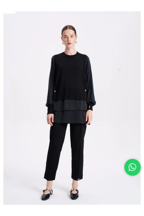 NİLİWİ-ETEĞİ ÇİFT KATLI KUPRA TUNİK SİYAH