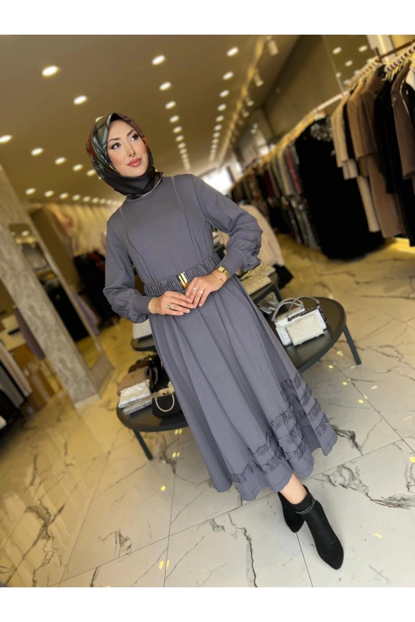 NİLİWİ-ETEK UCU FIRFIRLI ELBİSE ANTRASİT