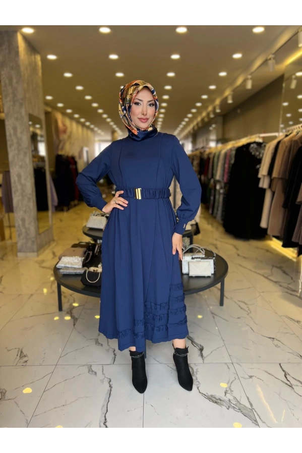 NİLİWİ-ETEK UCU FIRFIRLI ELBİSE MAVİ