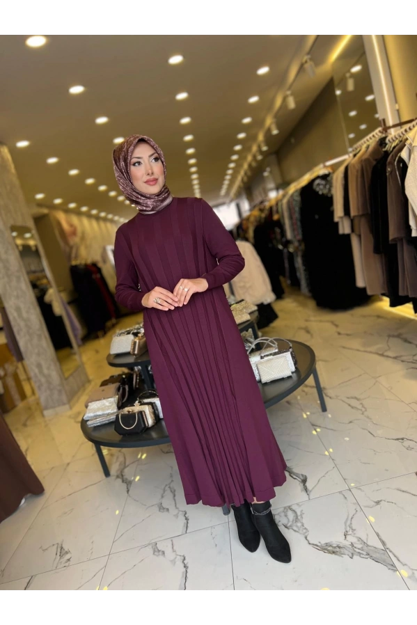 NİLİWİ-KALIN PİLİSELİ ELBİSE BORDO