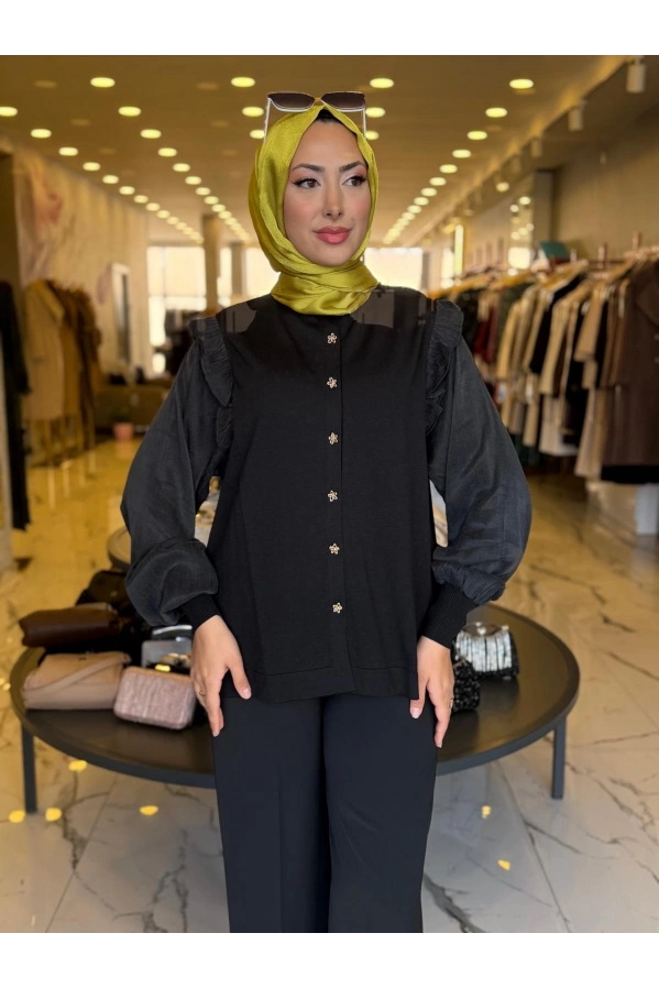 NİLİWİ-KARE KESİMLİ FIRFIRLI TUNİK SİYAH