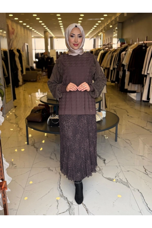 NİLİWİ-KOL EVİ KARE KESİMLİ FIRFIRLI TUNİK KAHVE