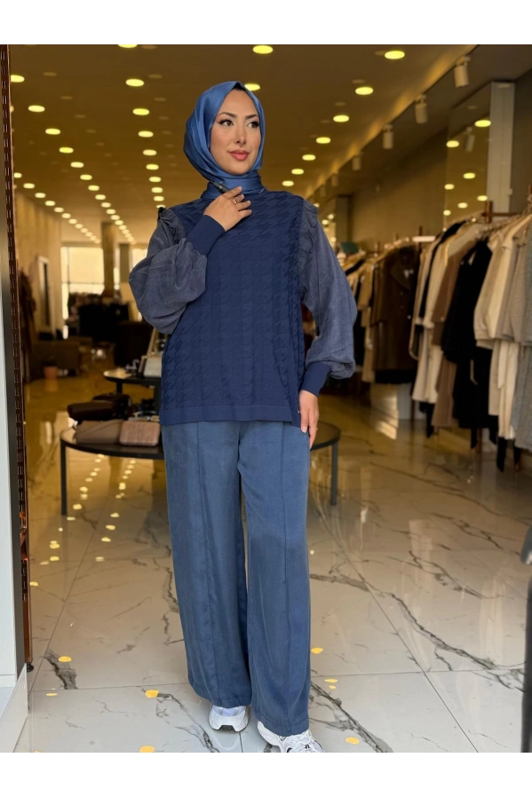 NİLİWİ-KOL EVİ KARE KESİMLİ FIRFIRLI TUNİK LACİVERT