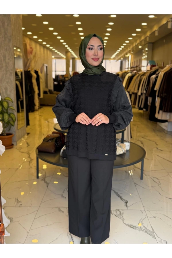 NİLİWİ-KOL EVİ KARE KESİMLİ FIRFIRLI TUNİK SİYAH
