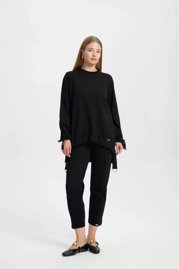 NİLİWİ-ÖN ETEĞİ BÜZGÜLÜ TUNİK SİYAH