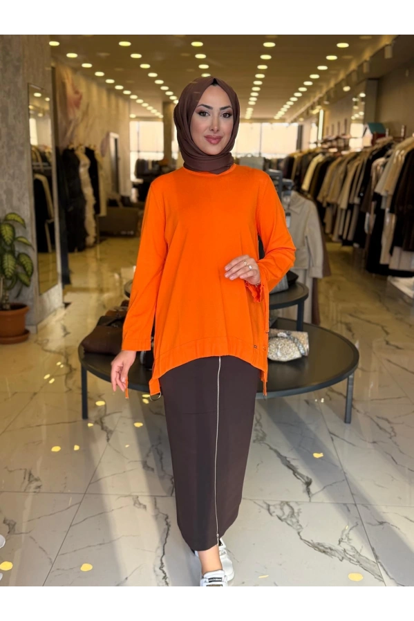 NİLİWİ-ÖN ETEĞİ BÜZGÜLÜ TUNİK TURUNCU