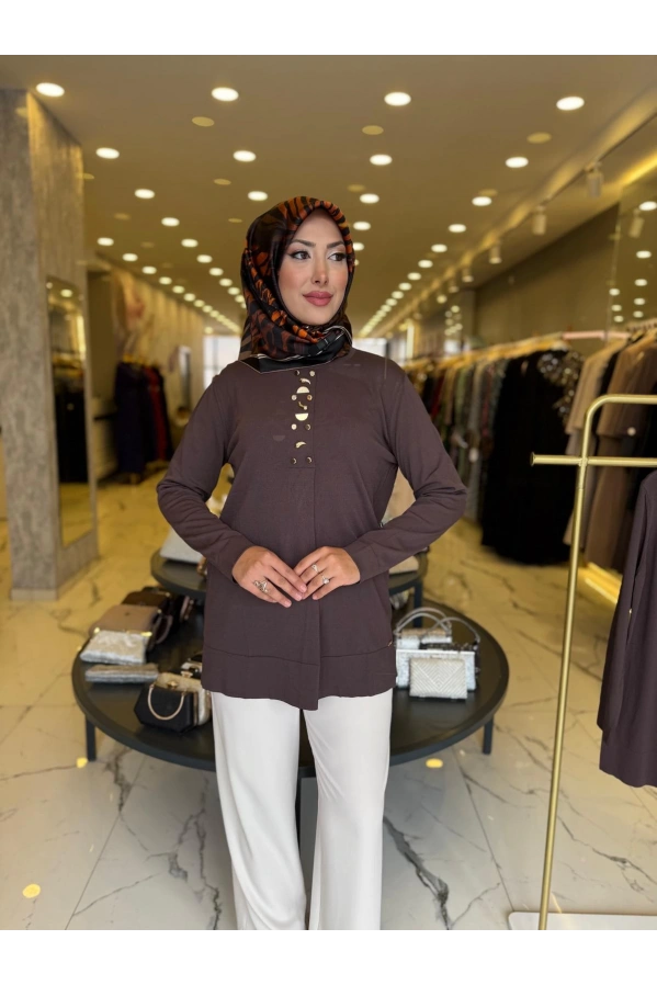 NİLİWİ-ÖNÜ KENDİNDEN PİLELİ TUNİK KAHVE