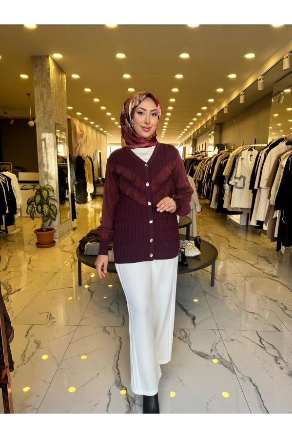 NİLİWİ-V YAKA FIRFIRLI HIRKA BORDO