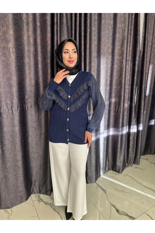 NİLİWİ-V YAKA FIRFIRLI HIRKA LACİVERT