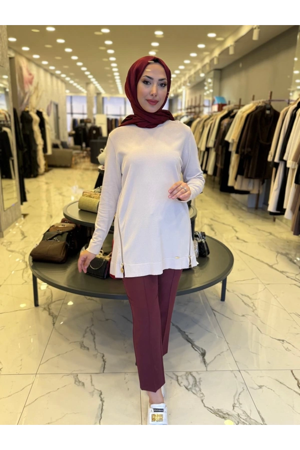 NİLİWİ-YANLARI FERMUARLI TUNİK BEJ