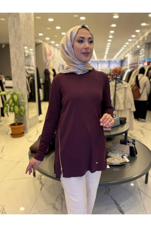 NİLİWİ-YANLARI FERMUARLI TUNİK BORDO
