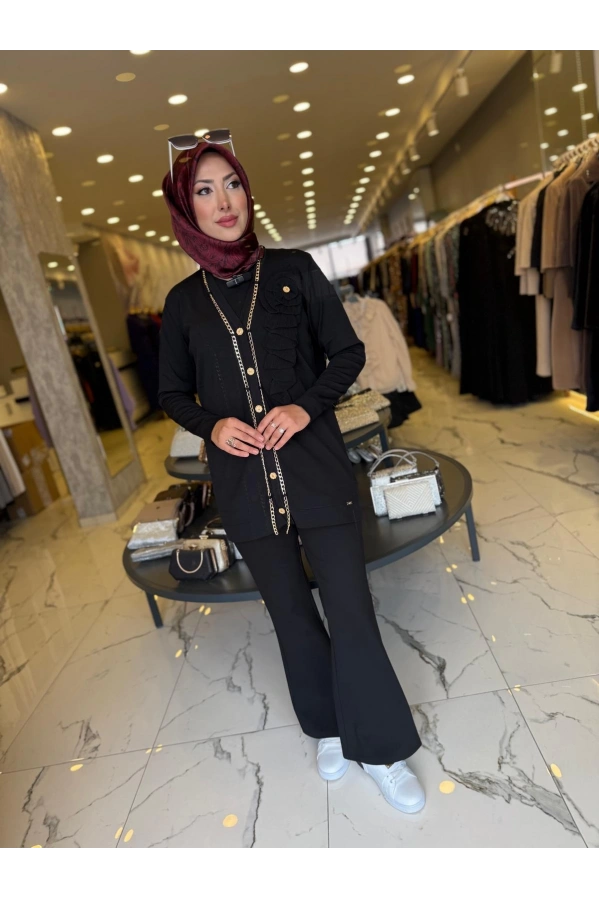 NİLİWİ-ZİNCİR DETAYLI HIRKA SİYAH