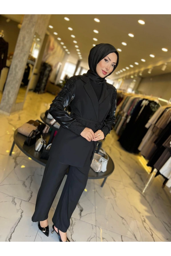 PERİ-OMZU BONCUK DETAYLI TAKIM SİYAH
