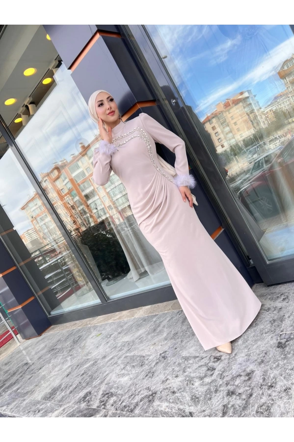 TUAY-TAŞLI BALIK ELBİSE BEJ