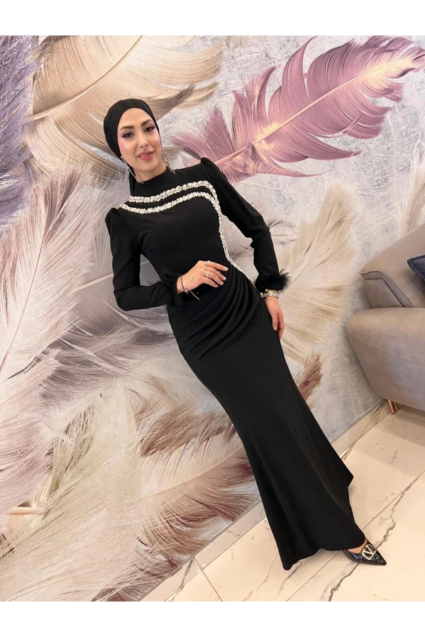 TUAY-TAŞLI BALIK ELBİSE SİYAH