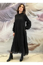 İTHAL-KOLU BÜZGÜLÜ ELBİSE SİYAH